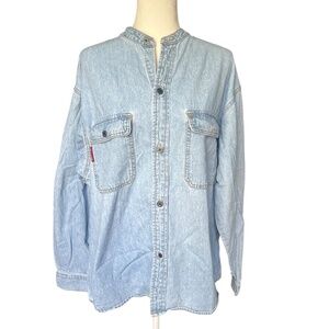 Vtg Light Wash Denim Shirt / Band Collar / 100% Cotton, Union Bay Large